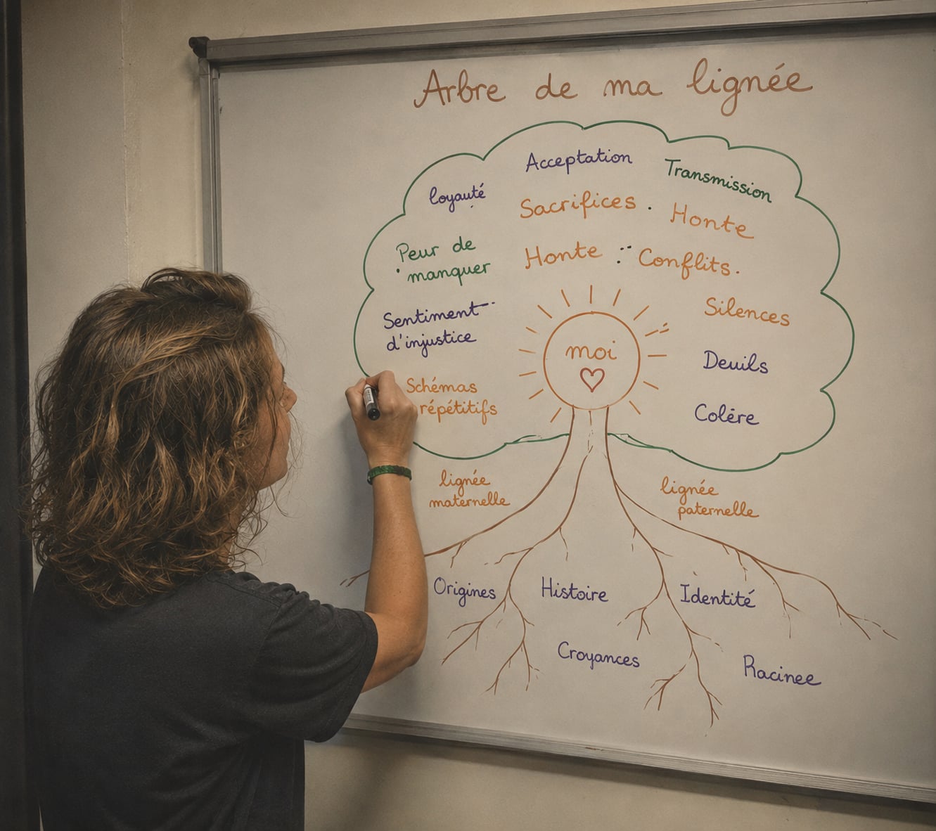 Dessin de l'arbre d'une lignée sur tableau blanc
